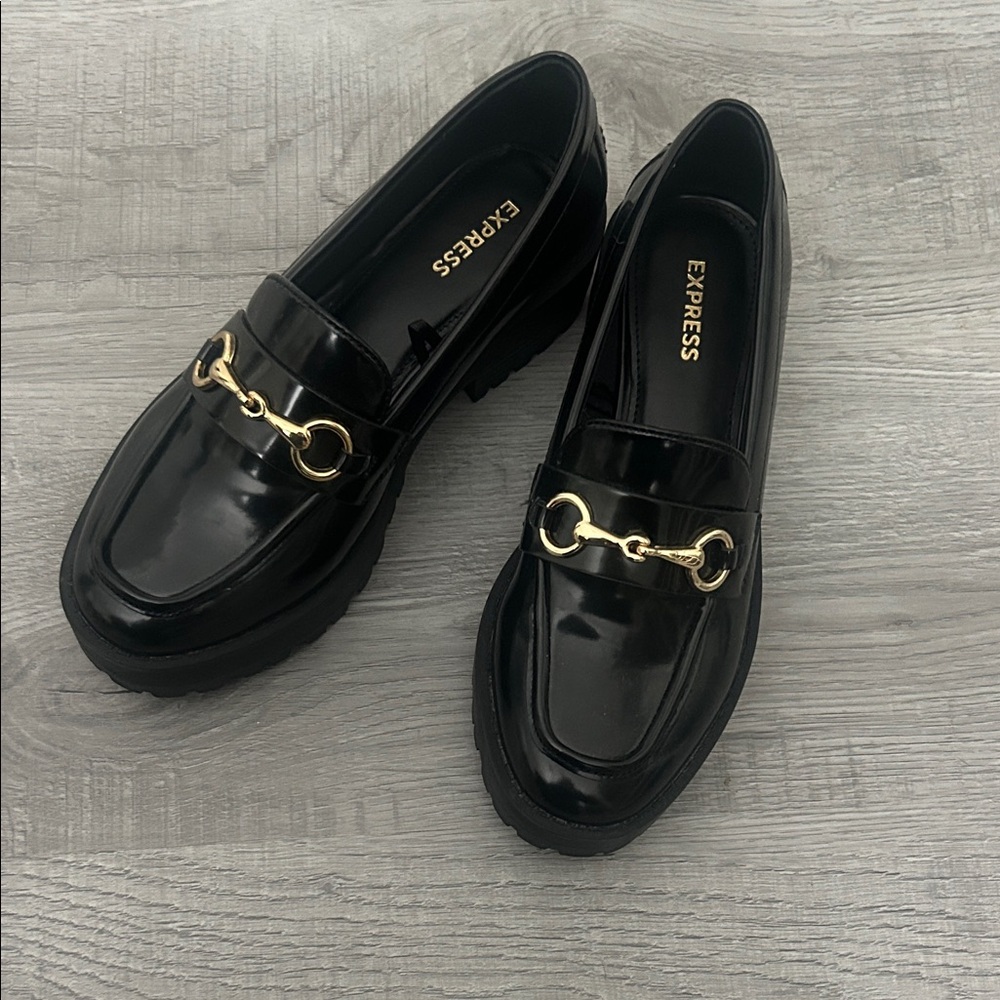 Express Glossy Black Loafers with Gold Chain Detail